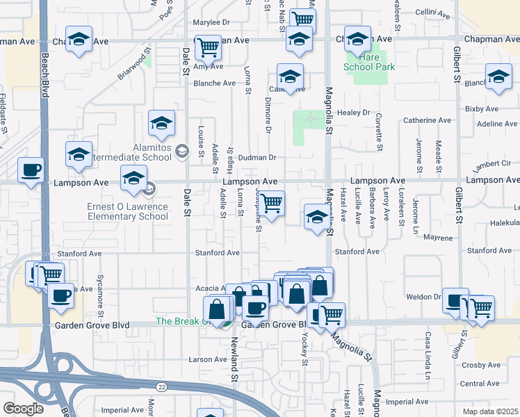 map of restaurants, bars, coffee shops, grocery stores, and more near 12582 Josephine Street in Garden Grove