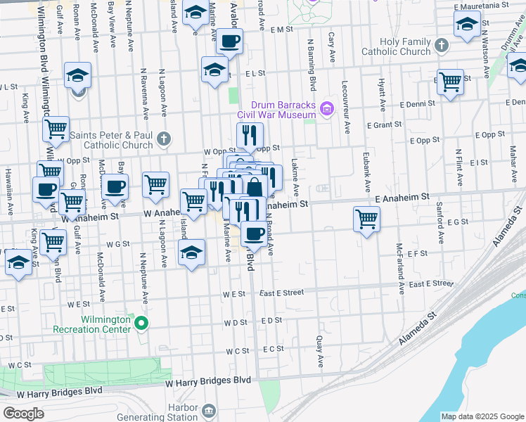 map of restaurants, bars, coffee shops, grocery stores, and more near 124 East Anaheim Street in Los Angeles