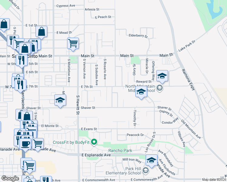 map of restaurants, bars, coffee shops, grocery stores, and more near 790 East 7th Street in San Jacinto