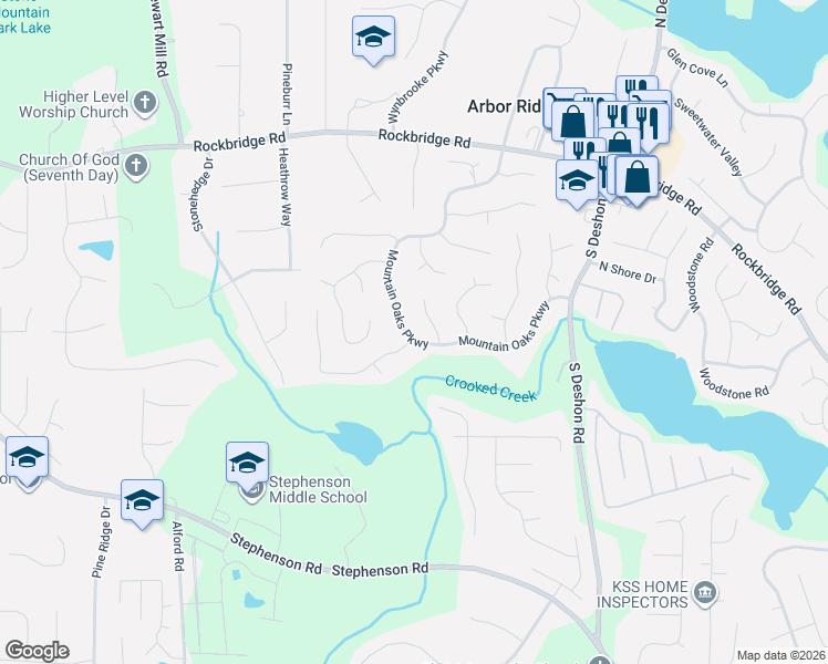 map of restaurants, bars, coffee shops, grocery stores, and more near 678 Mountain Oaks Parkway in Stone Mountain