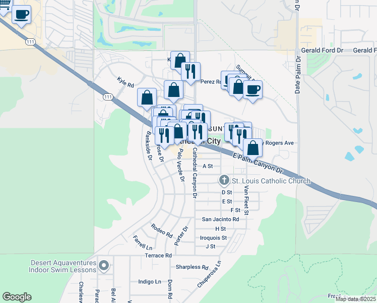 map of restaurants, bars, coffee shops, grocery stores, and more near in Cathedral City