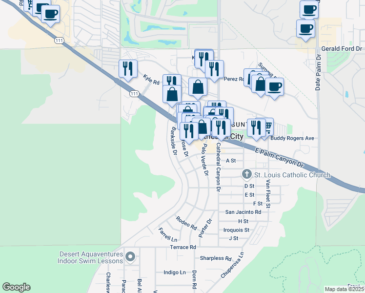 map of restaurants, bars, coffee shops, grocery stores, and more near 36982 Bankside Drive in Cathedral City