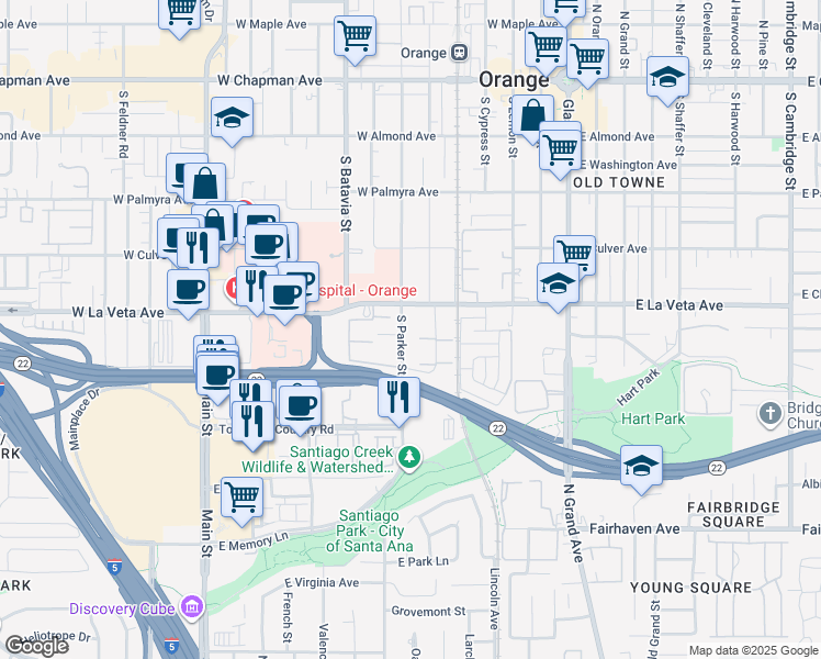 map of restaurants, bars, coffee shops, grocery stores, and more near 535 South Parker Street in Orange