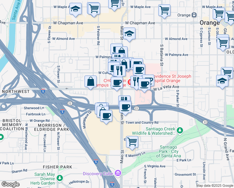 map of restaurants, bars, coffee shops, grocery stores, and more near 1518 West La Veta Avenue in Orange