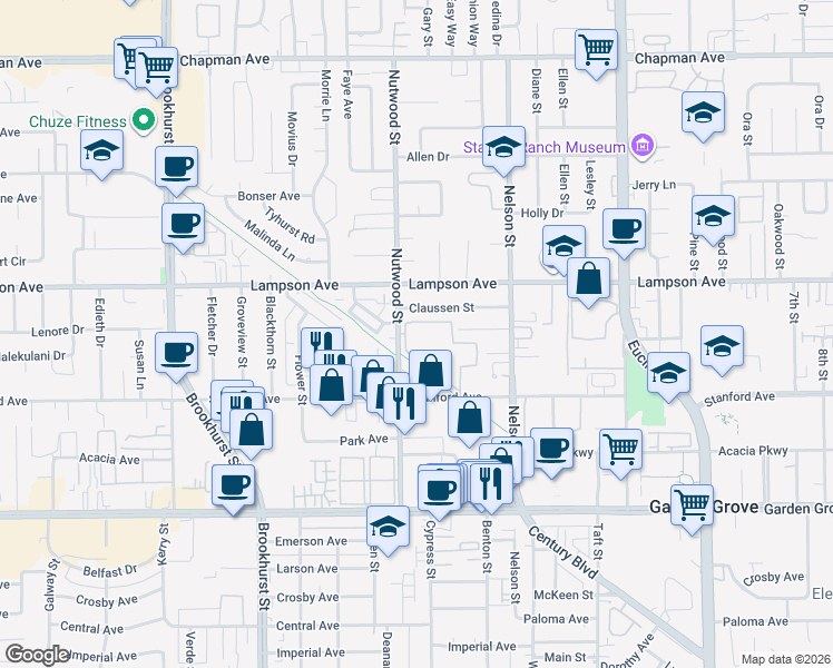 map of restaurants, bars, coffee shops, grocery stores, and more near 10530 Lakeside Drive North in Garden Grove