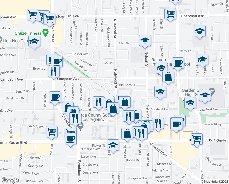 map of restaurants, bars, coffee shops, grocery stores, and more near 10530 Lakeside Drive North in Garden Grove