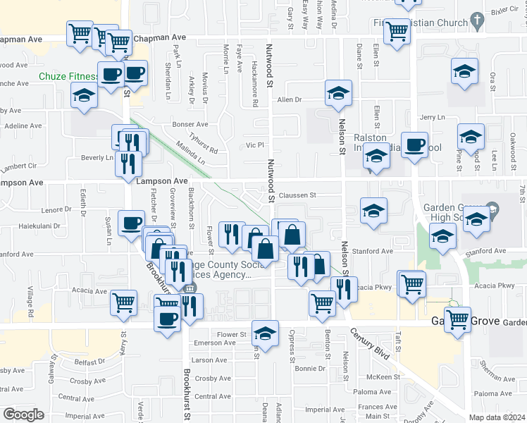 map of restaurants, bars, coffee shops, grocery stores, and more near 12581 Kensington Lane in Garden Grove