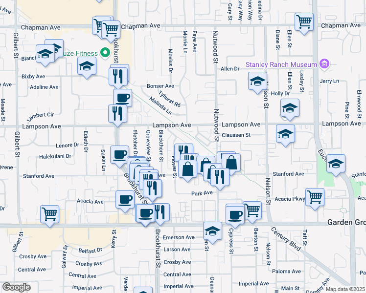 map of restaurants, bars, coffee shops, grocery stores, and more near 12581 Shelley Drive in Garden Grove