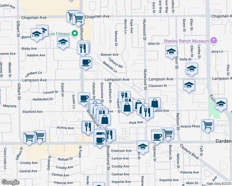 map of restaurants, bars, coffee shops, grocery stores, and more near 12581 Flower Street in Garden Grove