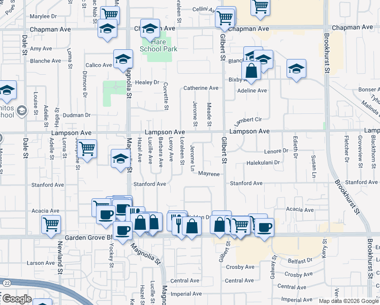 map of restaurants, bars, coffee shops, grocery stores, and more near 12592 Loraleen Street in Garden Grove