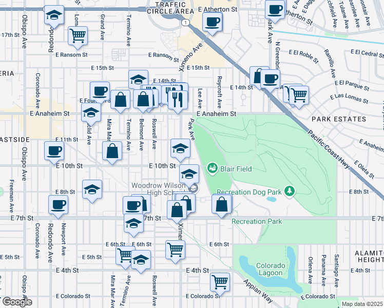 map of restaurants, bars, coffee shops, grocery stores, and more near 1040 Park Avenue in Long Beach