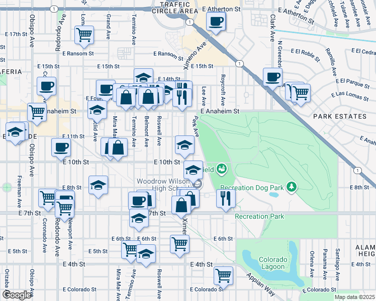 map of restaurants, bars, coffee shops, grocery stores, and more near 1054 Ximeno Avenue in Long Beach