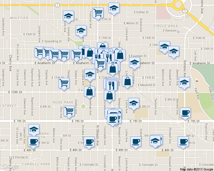 map of restaurants, bars, coffee shops, grocery stores, and more near 1048 Coronado Avenue in Long Beach