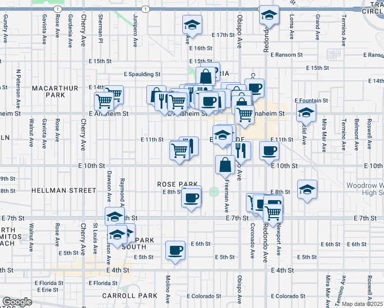 map of restaurants, bars, coffee shops, grocery stores, and more near 1051 Gladys Avenue in Long Beach