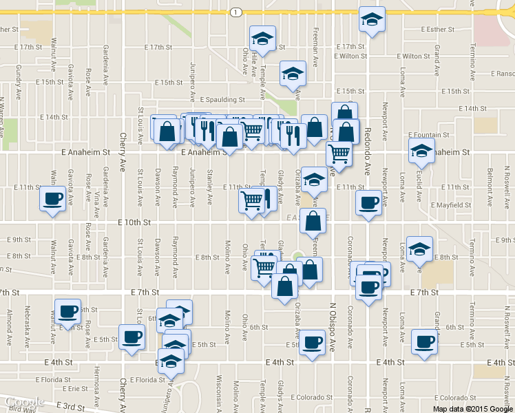 map of restaurants, bars, coffee shops, grocery stores, and more near 1064 Ohio Avenue in Long Beach
