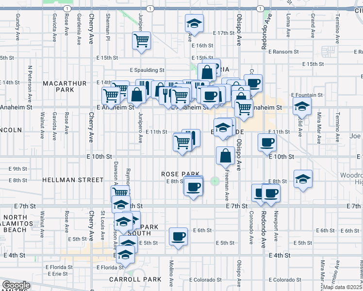 map of restaurants, bars, coffee shops, grocery stores, and more near 1064 Ohio Avenue in Long Beach