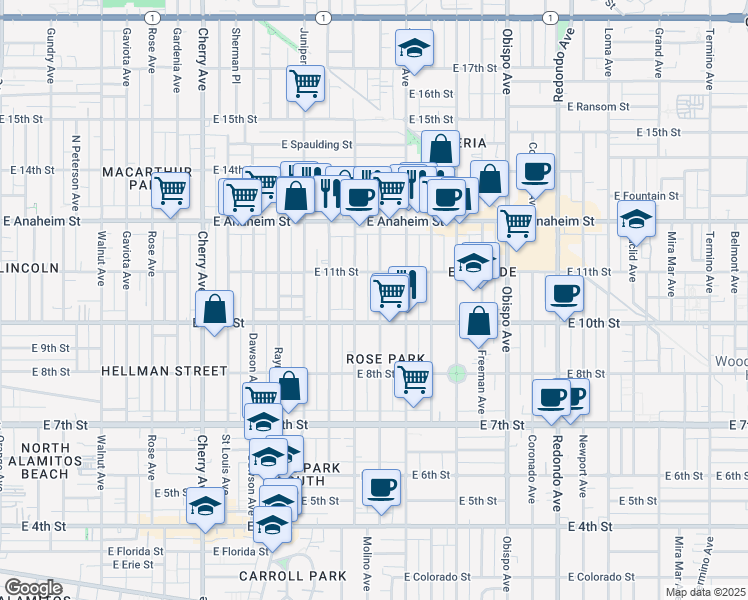 map of restaurants, bars, coffee shops, grocery stores, and more near 1050 Molino Avenue in Long Beach