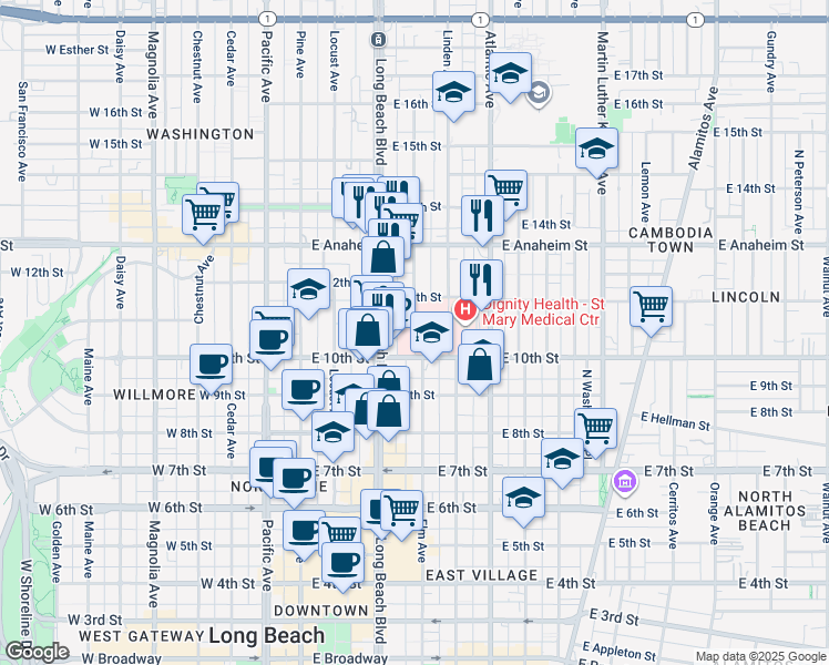 map of restaurants, bars, coffee shops, grocery stores, and more near 1040 Elm Avenue in Long Beach