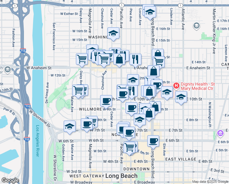 map of restaurants, bars, coffee shops, grocery stores, and more near 1059 Pacific Avenue in Long Beach