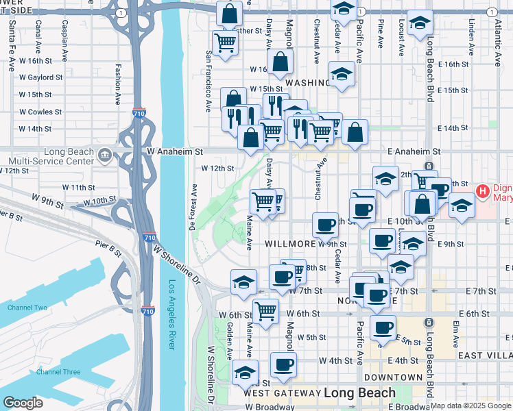 map of restaurants, bars, coffee shops, grocery stores, and more near 620 Nylic Court in Long Beach