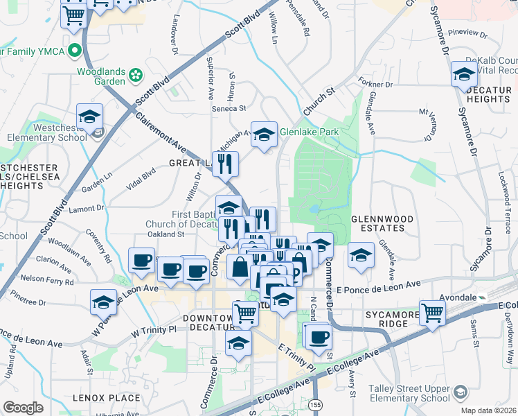 map of restaurants, bars, coffee shops, grocery stores, and more near 415 Clairemont Avenue in Decatur
