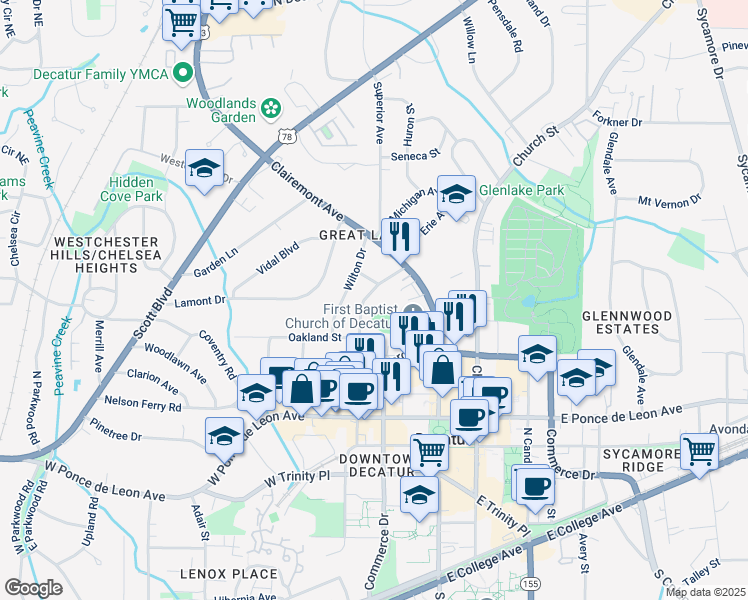 map of restaurants, bars, coffee shops, grocery stores, and more near 509 Ponce De Leon Place in Decatur