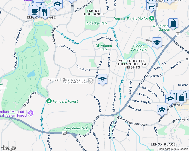 map of restaurants, bars, coffee shops, grocery stores, and more near 200 Heaton Park Drive in Decatur