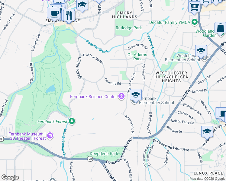map of restaurants, bars, coffee shops, grocery stores, and more near 1714 Dyson Drive in Atlanta
