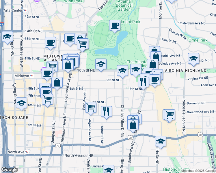 map of restaurants, bars, coffee shops, grocery stores, and more near 374 8th Street Northeast in Atlanta
