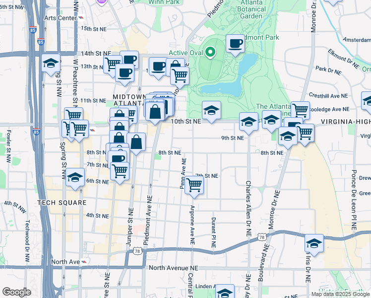 map of restaurants, bars, coffee shops, grocery stores, and more near 928 Argonne Avenue Northeast in Atlanta