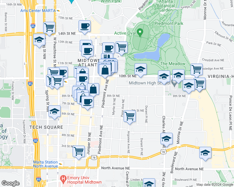 map of restaurants, bars, coffee shops, grocery stores, and more near 921 Myrtle Street Northeast in Atlanta