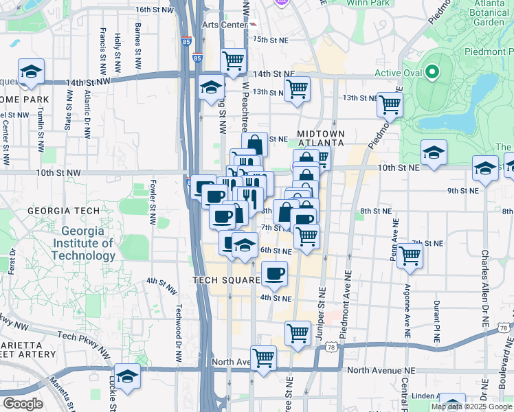map of restaurants, bars, coffee shops, grocery stores, and more near in Atlanta