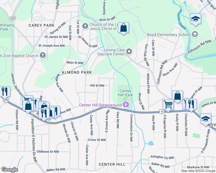 map of restaurants, bars, coffee shops, grocery stores, and more near 2222 Hill Street Northwest in Atlanta