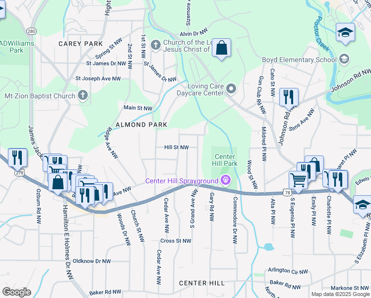 map of restaurants, bars, coffee shops, grocery stores, and more near 2294 Hill Street Northwest in Atlanta