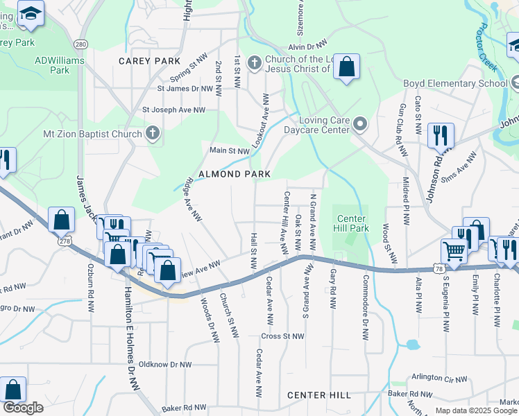 map of restaurants, bars, coffee shops, grocery stores, and more near 2355 Hill Street Northwest in Atlanta
