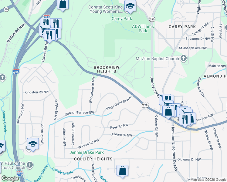 map of restaurants, bars, coffee shops, grocery stores, and more near 2826 Donald Lee Hollowell Parkway Northwest in Atlanta