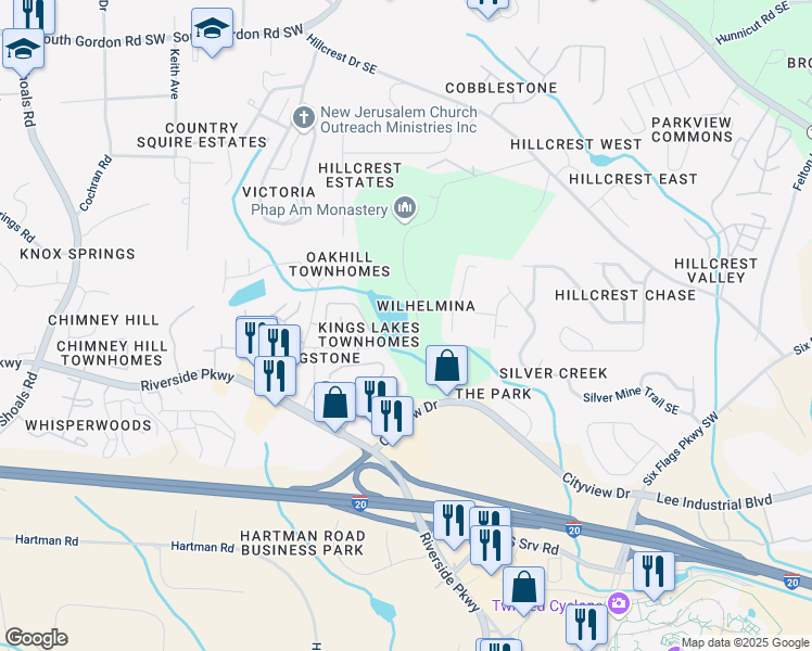 map of restaurants, bars, coffee shops, grocery stores, and more near 194 Wilhelmina Drive in Austell