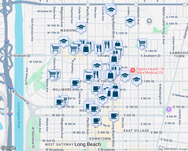 map of restaurants, bars, coffee shops, grocery stores, and more near 1055 Pine Avenue in Long Beach