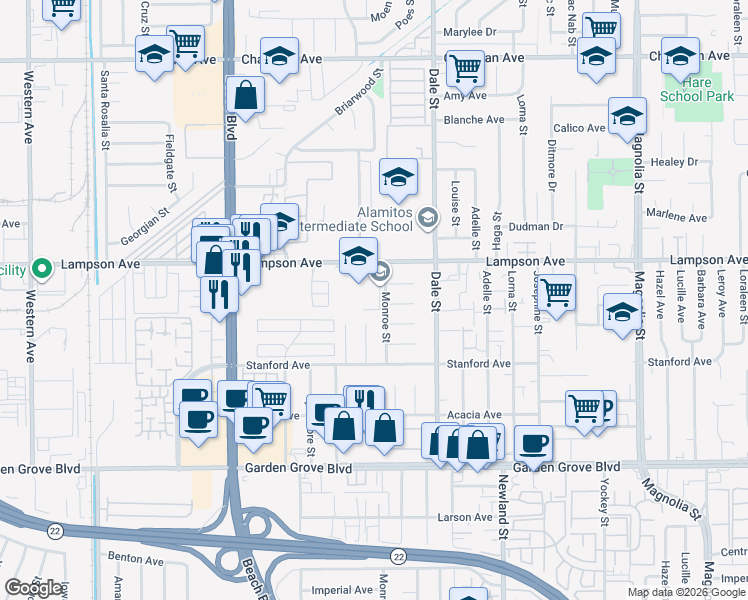 map of restaurants, bars, coffee shops, grocery stores, and more near 12521 Monroe Street in Garden Grove
