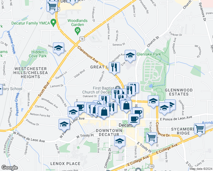 map of restaurants, bars, coffee shops, grocery stores, and more near 509 Ponce De Leon Place in Decatur