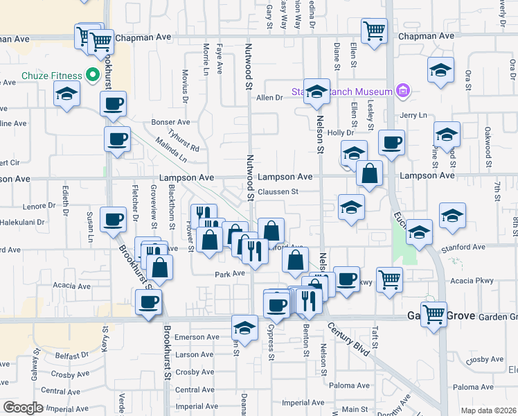 map of restaurants, bars, coffee shops, grocery stores, and more near 10530 Lakeside Drive North in Garden Grove