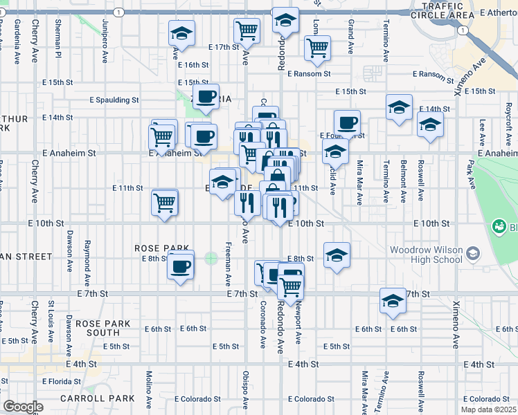 map of restaurants, bars, coffee shops, grocery stores, and more near 1048 Coronado Avenue in Long Beach
