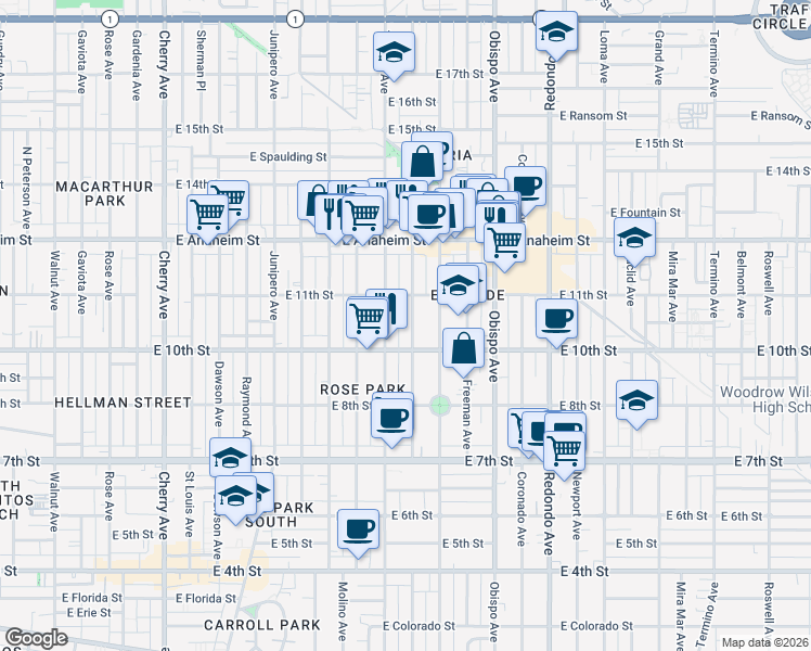 map of restaurants, bars, coffee shops, grocery stores, and more near 1045 Gladys Avenue in Long Beach