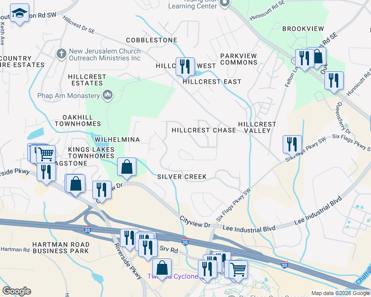 map of restaurants, bars, coffee shops, grocery stores, and more near 7071 Hillcrest Chase Lane in Austell