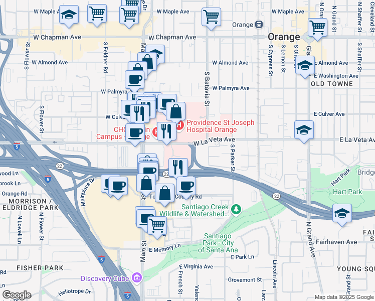 map of restaurants, bars, coffee shops, grocery stores, and more near 1010 West La Veta Avenue in Orange
