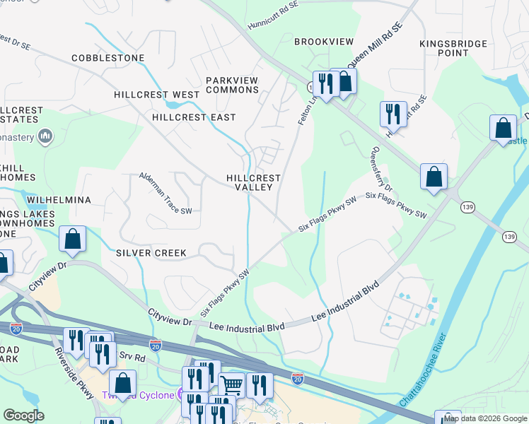 map of restaurants, bars, coffee shops, grocery stores, and more near 57 Hillcrest Drive Southeast in Austell