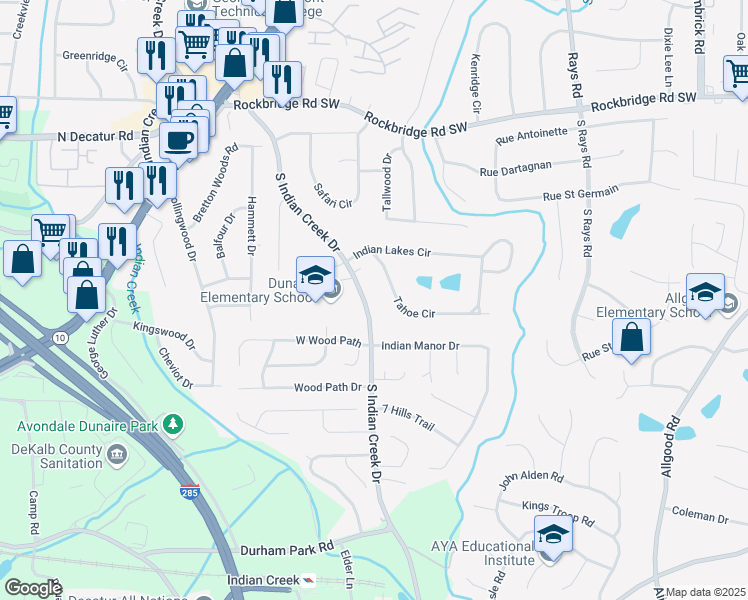 map of restaurants, bars, coffee shops, grocery stores, and more near 664 South Indian Creek Drive in Stone Mountain