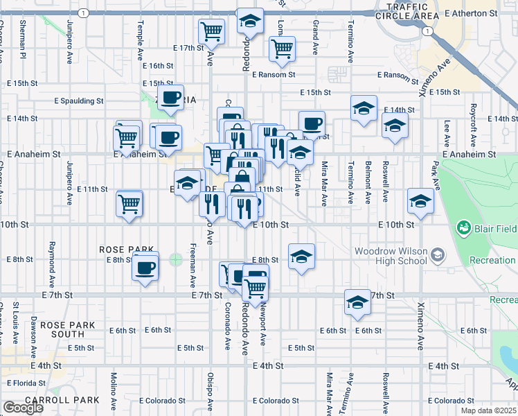 map of restaurants, bars, coffee shops, grocery stores, and more near 1043 Newport Avenue in Long Beach
