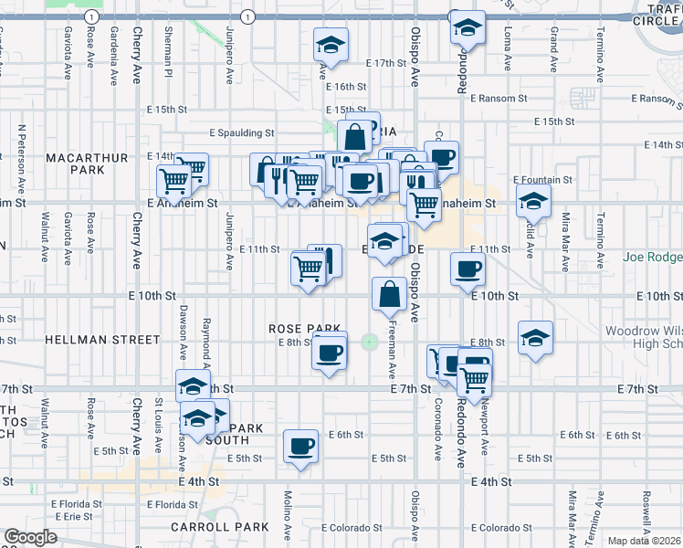 map of restaurants, bars, coffee shops, grocery stores, and more near 1045 Gladys Avenue in Long Beach