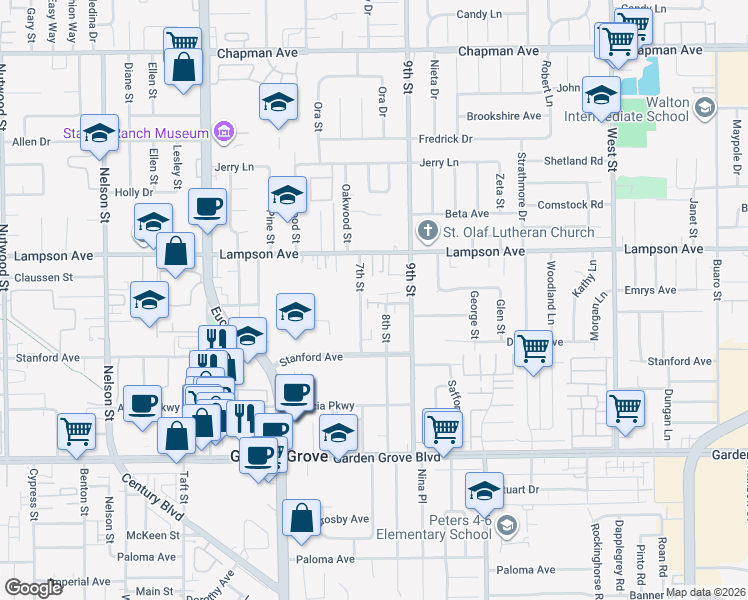 map of restaurants, bars, coffee shops, grocery stores, and more near 12592 7th Street in Garden Grove